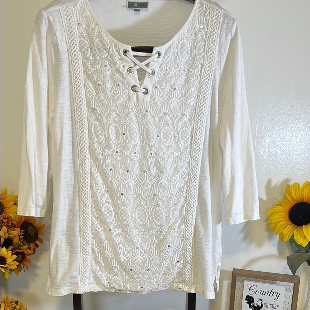 JM Collection White Blouse with Lace-Up Detail 3/4 length Sleeves